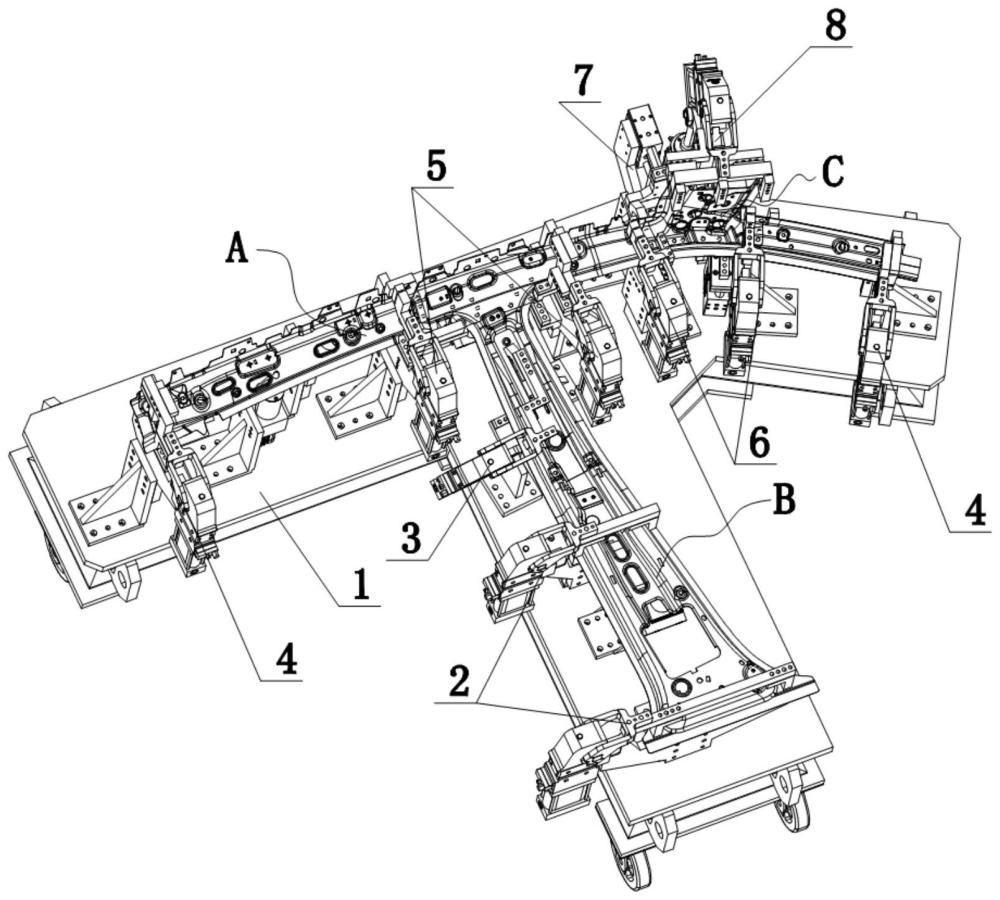一種集側(cè)圍內(nèi)板B柱、橫梁及頂橫梁端頭為一體的焊裝夾具